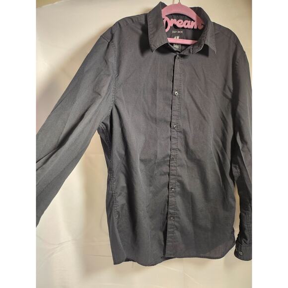 H&M Mens Size “M” Black Slim Fit Button Front Collared Dress Shirt Easy Iron - Picture 2 of 12